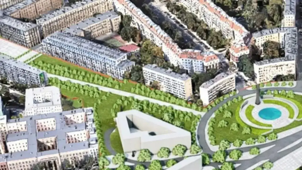 Wizualizacja nowej trasy łazienkowskiej z nowoczesną architekturą i terenami zielonymi.