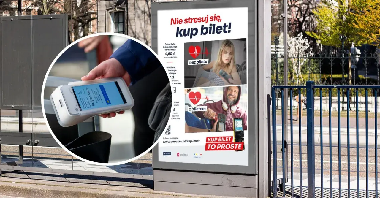 Jak kupić bilet w tramwaju Wrocław? Plakat informuje, że to proste. Można płacić kartą lub telefonem.