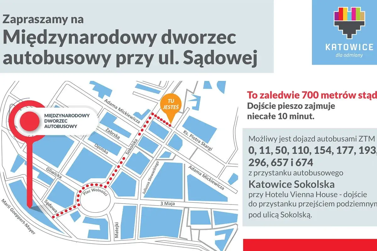Mapa pokazuje, jak dojechać z dworca w Katowicach na Medyków. Dworzec autobusowy przy ul. Sądowej jest oddalony o 700 metrów.