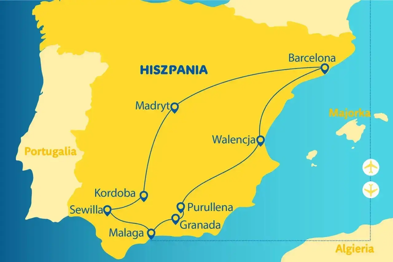 Mapa Hiszpanii z trasą autokaru: Barcelona, Walencja, Madryt, Kordoba, Sewilla, Malaga, Grenada, Purullena. Podróż do Hiszpanii autokarem to przygoda!
