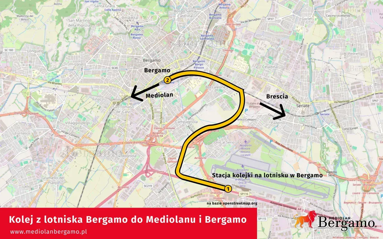 Trasa kolejowa z lotniska w Bergamo do Mediolanu i Bergamo. Mapa pokazuje połączenie kolejowe między lotniskiem a miastami.