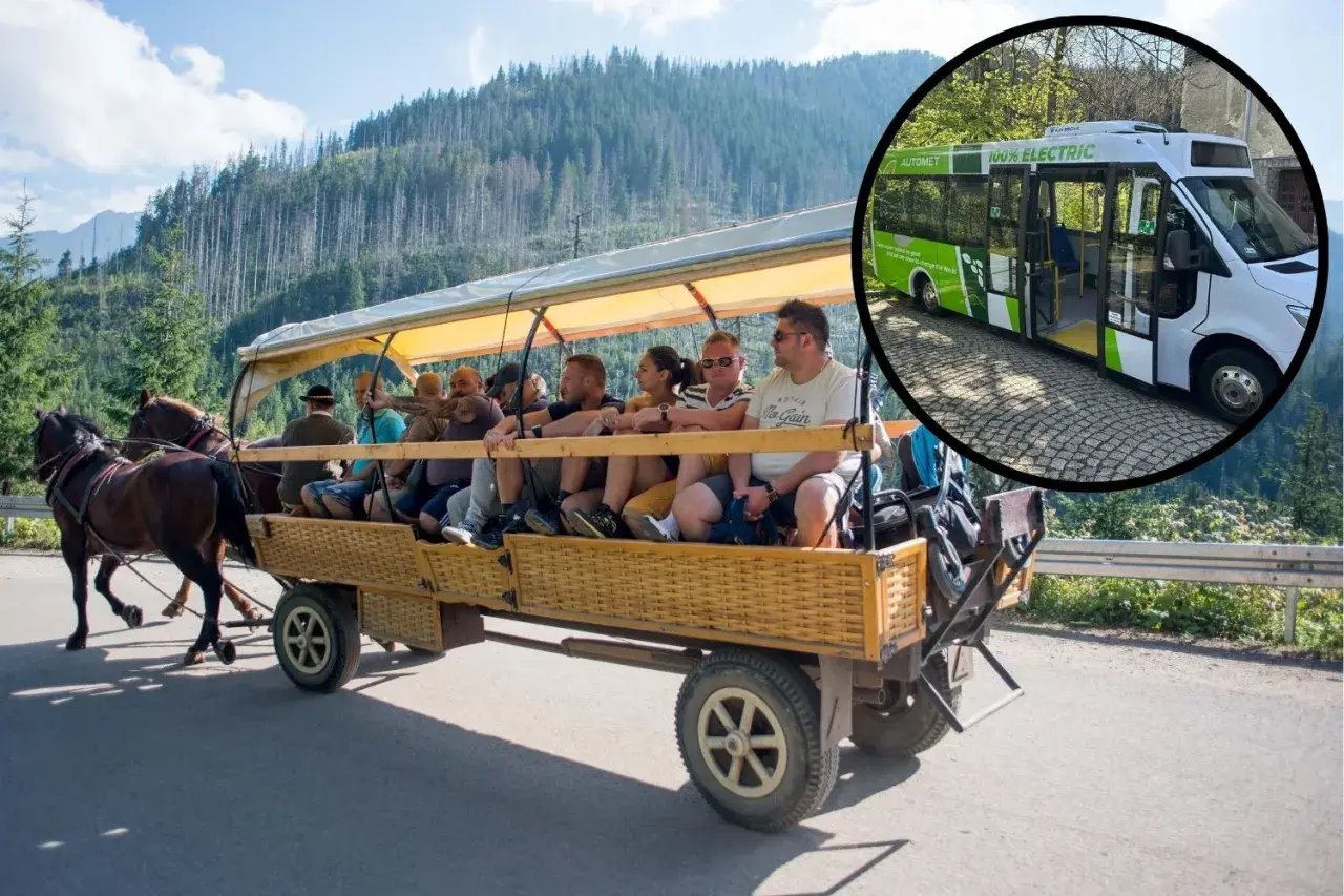 Morskie Oko: cennik meleksy i bryczki konne. Elektryczny bus obok tradycyjnego transportu.