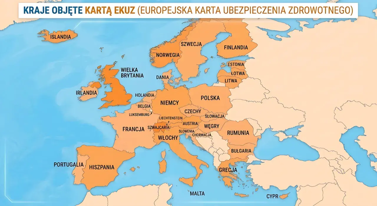 Mapa Europy z zaznaczonymi krajami objętymi EKUZ. Widoczna Norwegia, Szwecja, Finlandia, Polska, Niemcy, Włochy i inne państwa.