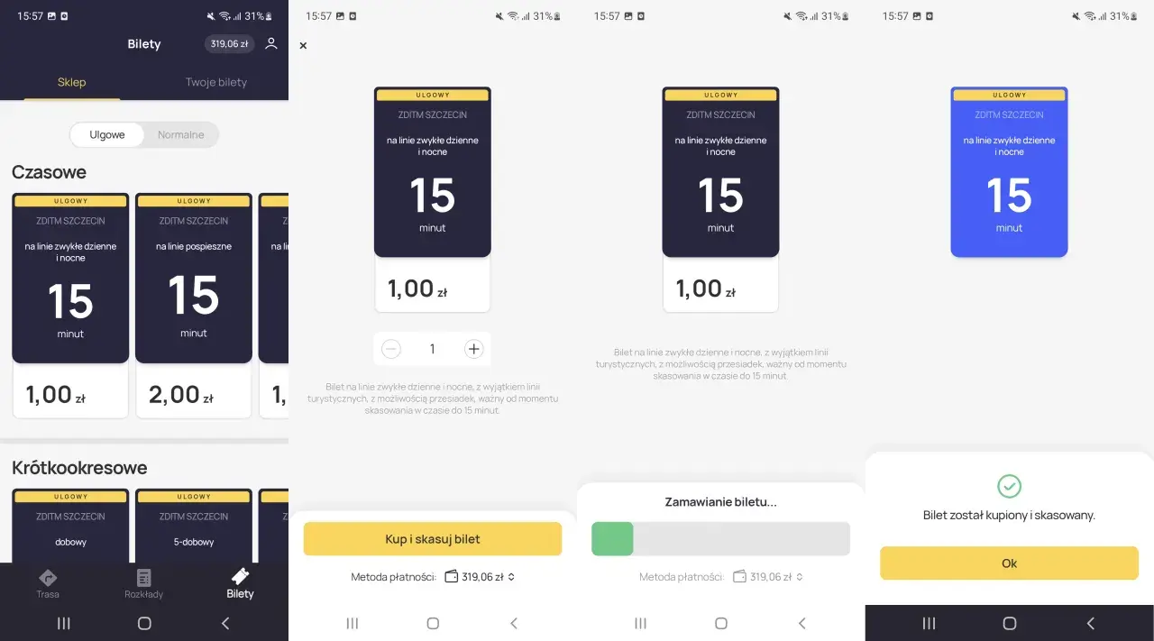 Aplikacja jak dojadę pokazuje zakup biletu 15-minutowego za 1 zł.