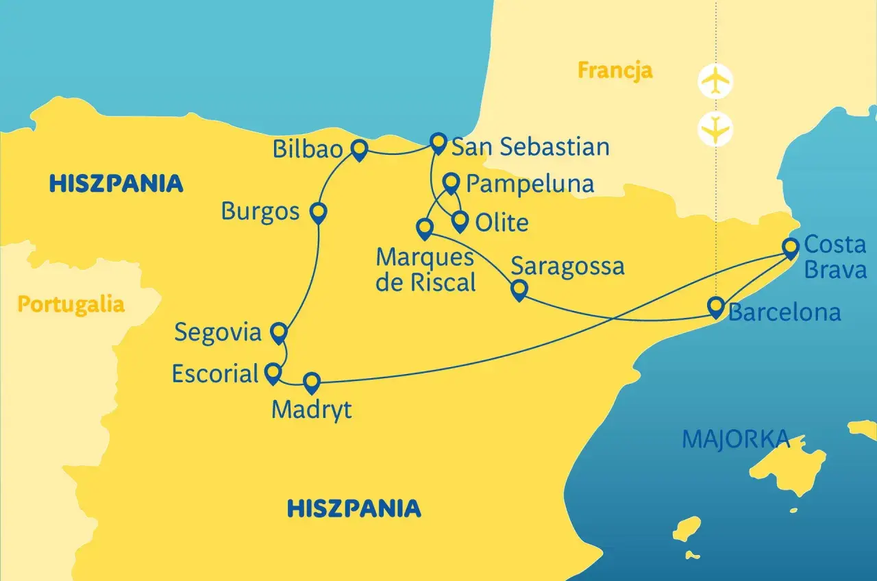 Mapa Hiszpanii z trasą turystyczną: Madryt, Barcelona, Bilbao, San Sebastian i inne.