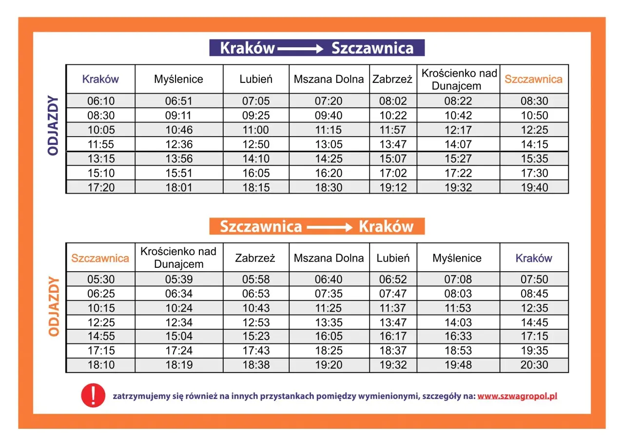 Rozkład jazdy busów Kraków - Szczawnica i Szczawnica - Kraków. Sprawdź cenę i godziny odjazdów.