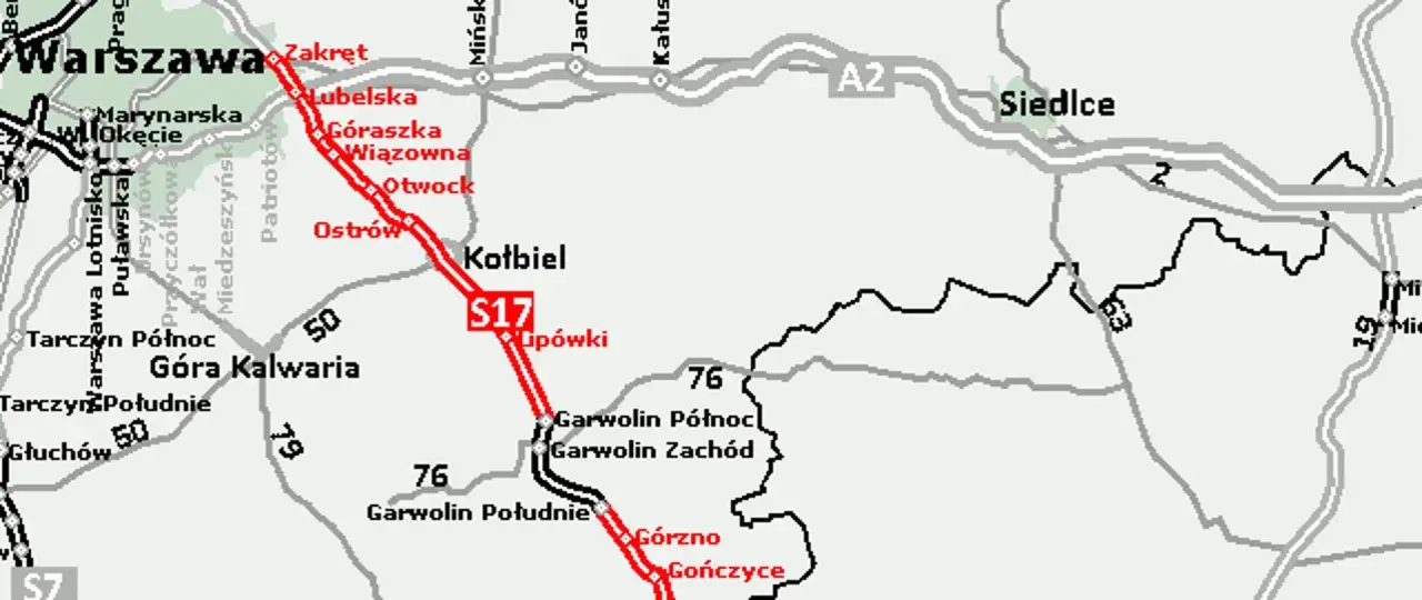 Mapa drogowa z zaznaczoną trasą S17 między Warszawą a Garwolinem. Widoczne miejscowości: Otwock, Kołbiel, Góra Kalwaria, Garwolin.