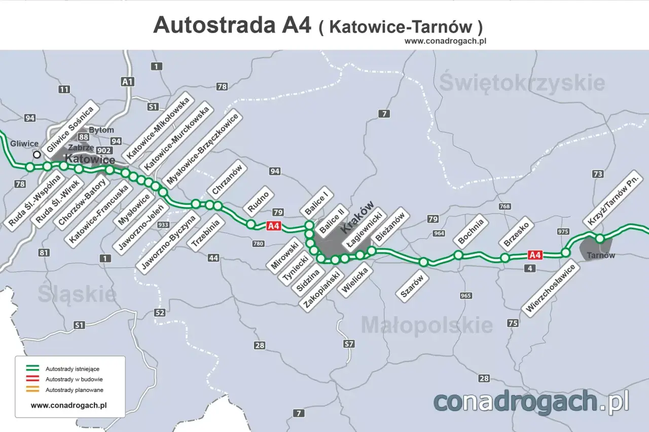 Mapa autostrady A4 od Gliwic przez Katowice do Tarnowa, z zaznaczonymi miastami i węzłami.
