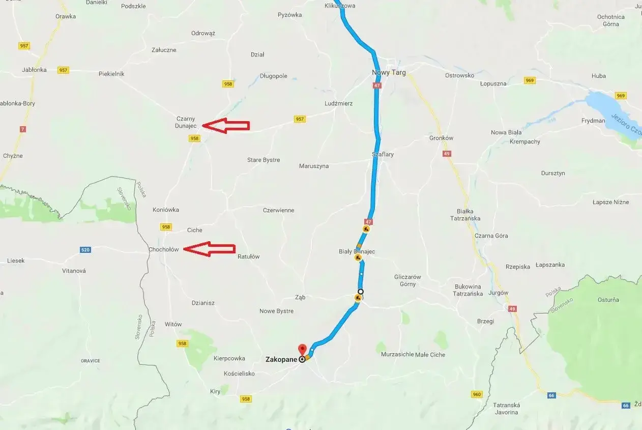 Trasa Zakopane - Kraków: przejazd przez Chochołów, Czarny Dunajec, Nowy Targ. Czas przejazdu zależy od natężenia ruchu.