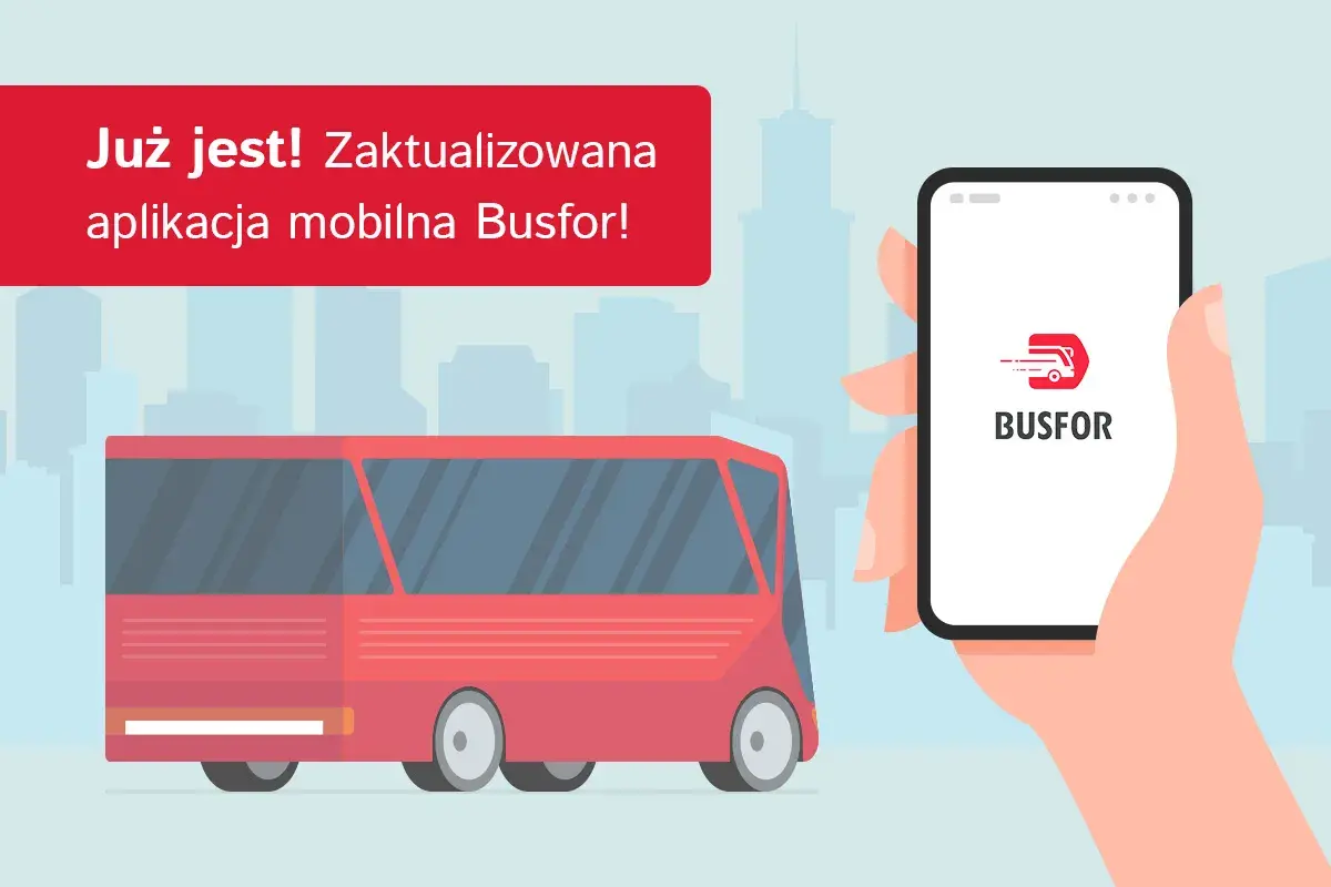 Zaktualizowana aplikacja mobilna Busfor to idealne miejsce, gdzie można kupić bilet na autobus. Czerwony autobus i smartfon z logo aplikacji.