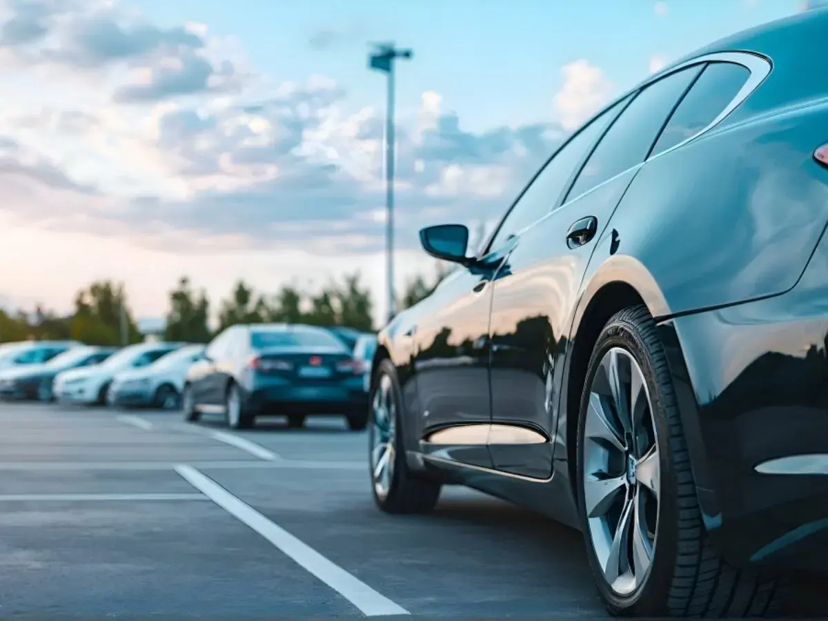 Czarne auto na parkingu, w tle rzędy innych pojazdów. Szukasz aut z Norwegii? Strony z ofertami mogą pomóc.
