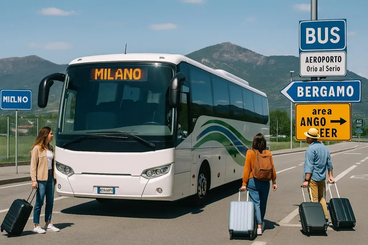 Autobus do Mediolanu czeka na pasażerów. Znak wskazuje drogę do Bergamo i lotniska Orio al Serio.