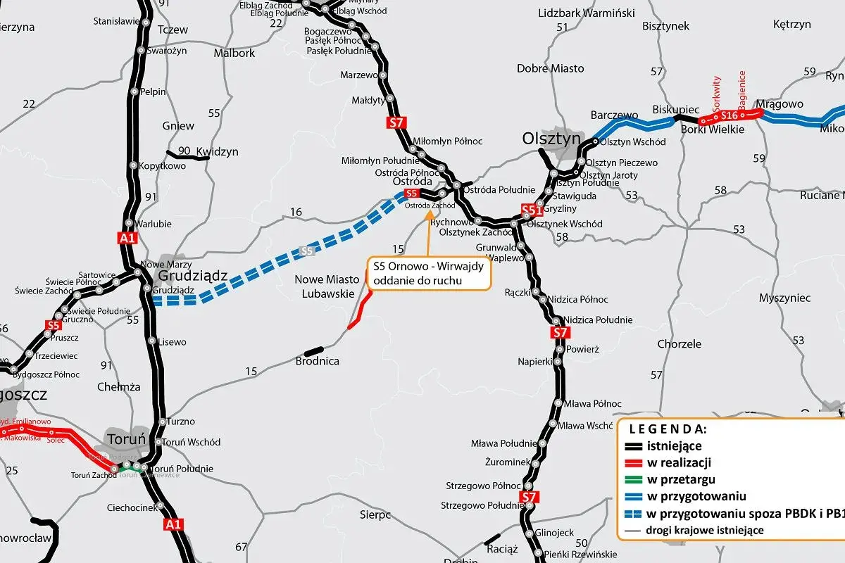 Mapa drogowa okolic Olsztyna, z zaznaczonymi drogami krajowymi i ekspresowymi, w tym odcinkiem S5 Ornowo-Wirwajdy.