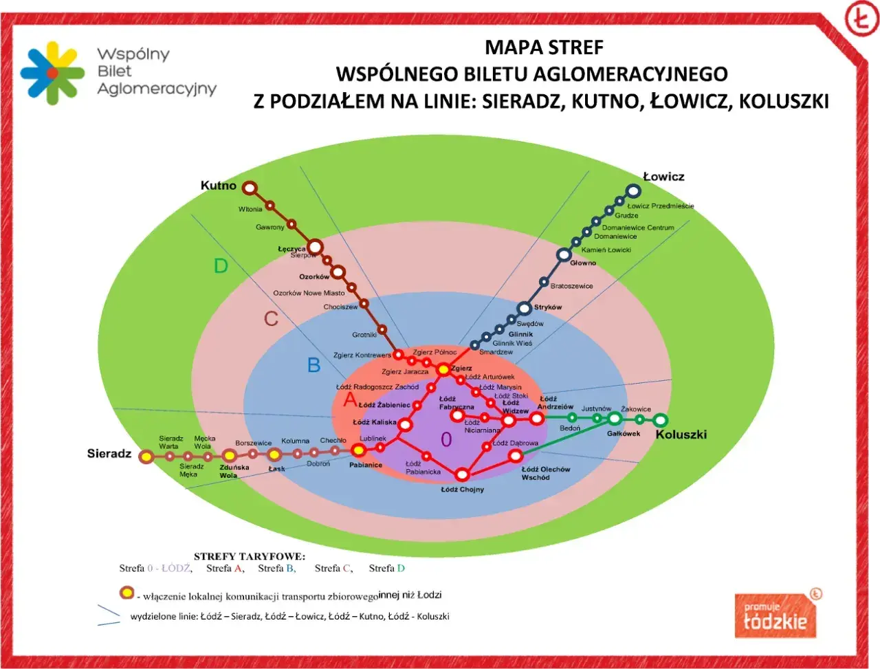 Mapa stref wspólnego biletu aglomeracyjnego z podziałem na linie: Sieradz, Kutno, Łowicz, Koluszki. Planujesz podróż? Sprawdź bilety komunikacji miejskiej Kraków i okolice.