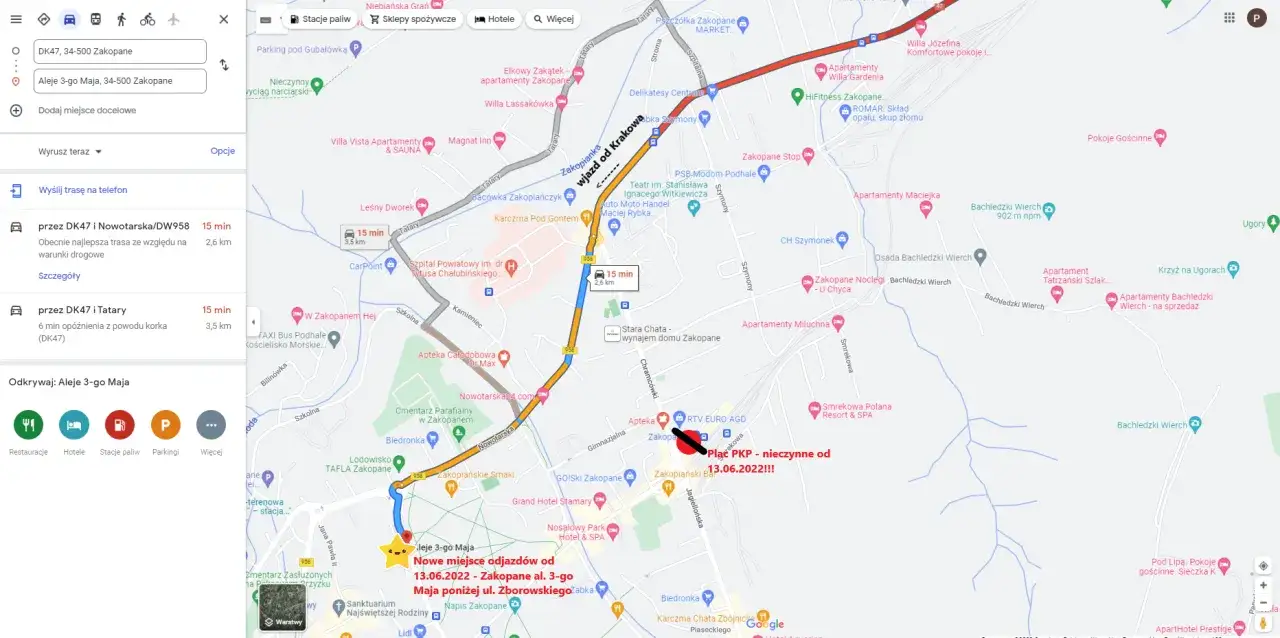 Mapa trasy Nowy Sącz Kraków Szwagropol przystanki
