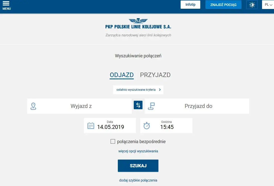 Zrzut ekranu Portal Pasażera rozkład jazdy