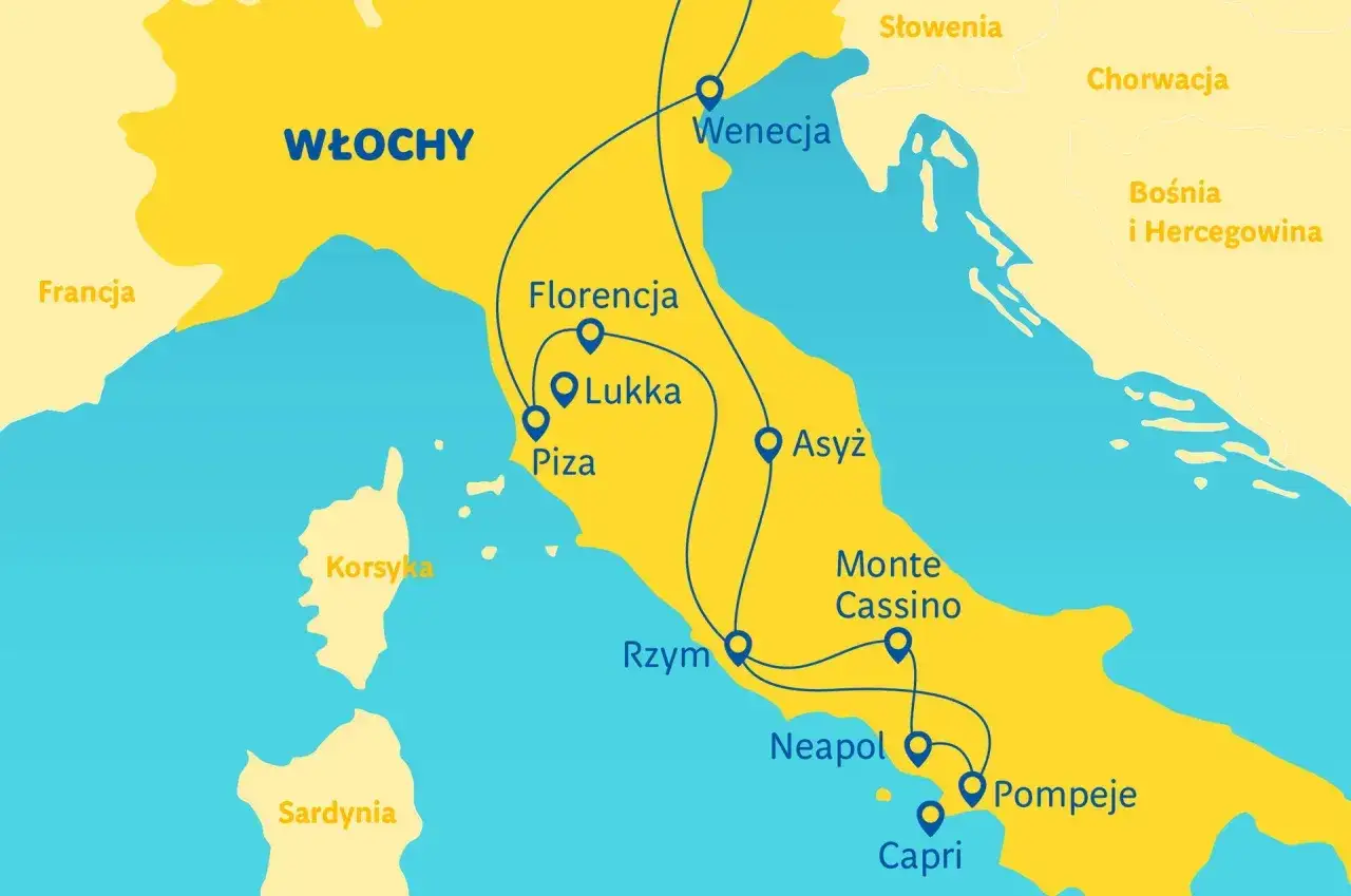 Mapa Włoch z zaznaczonymi miastami: Wenecja, Florencja, Piza, Rzym, Neapol. Trasa autokarem do Włoch obejmuje te punkty.