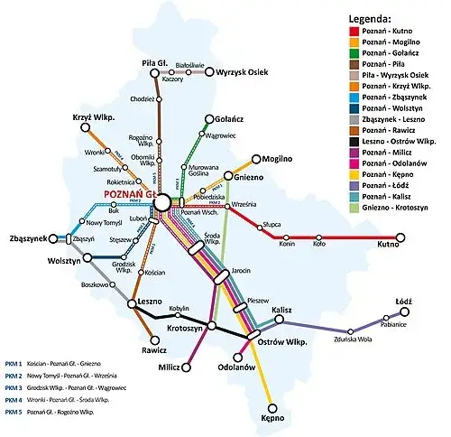Mapa połączeń kolejowych z Krzyża Wielkopolskiego