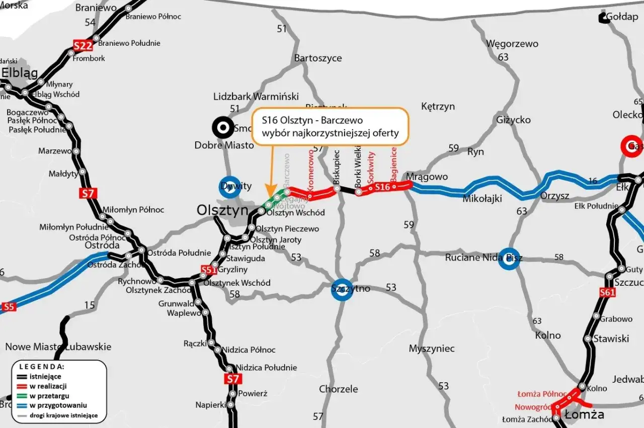 Mapa drogowa okolic Olsztyna z zaznaczoną trasą S16 Olsztyn-Barczewo. Widać też inne drogi i miejscowości, np. Mikołajki.