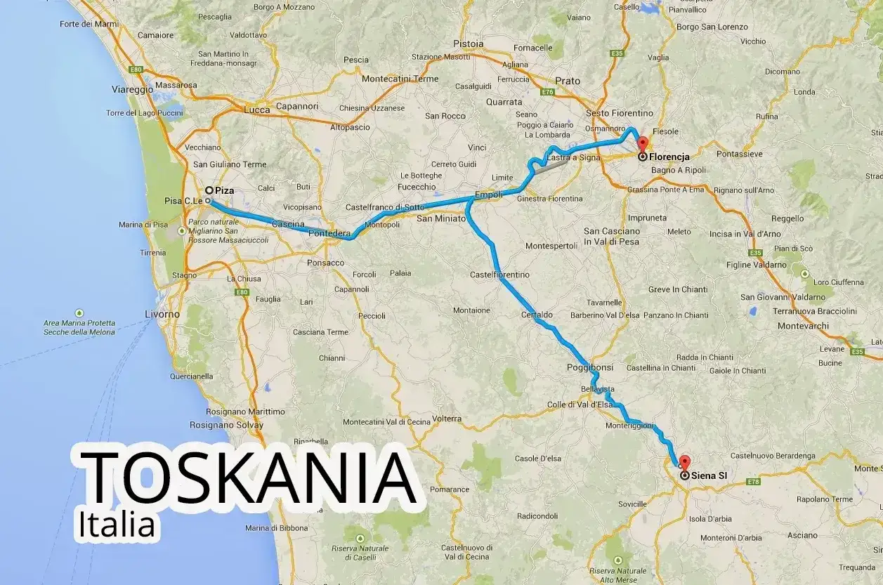Trasa z lotniska Florencja przez Toskanię, pokazująca drogę do Sieny.