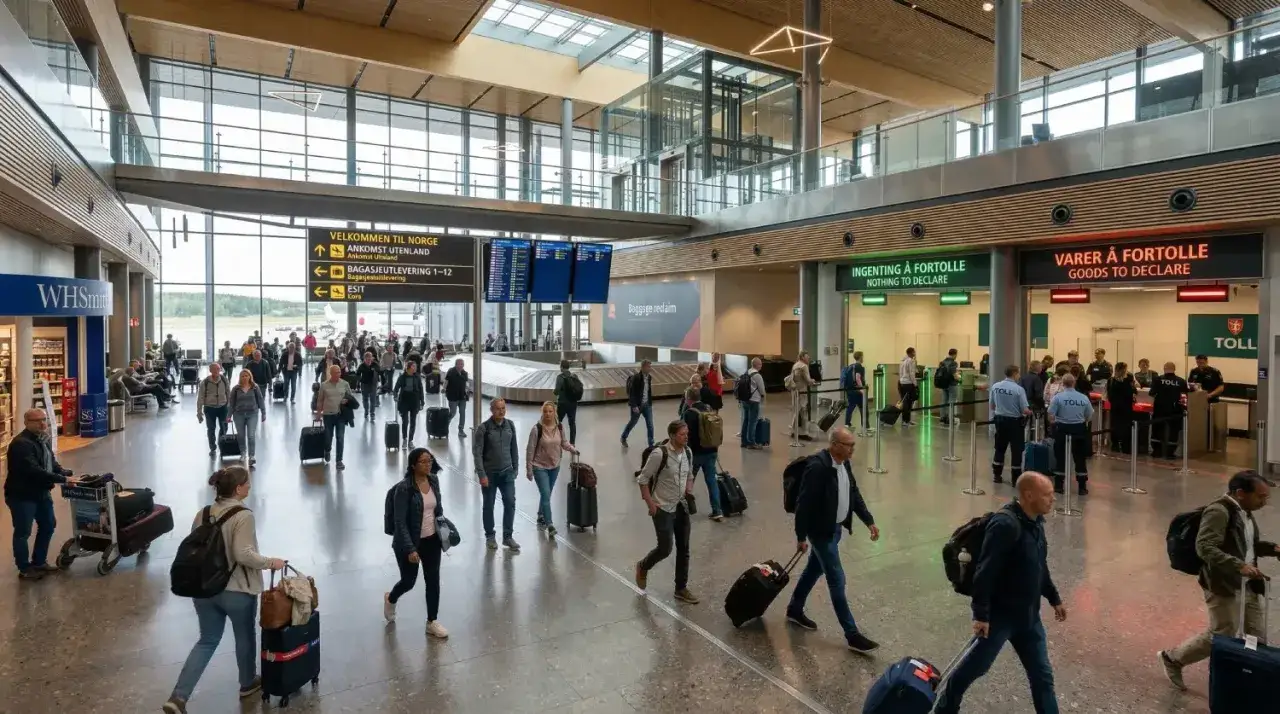 Ludzie z bagażami przechodzą przez lotnisko w Norwegii. Znak 