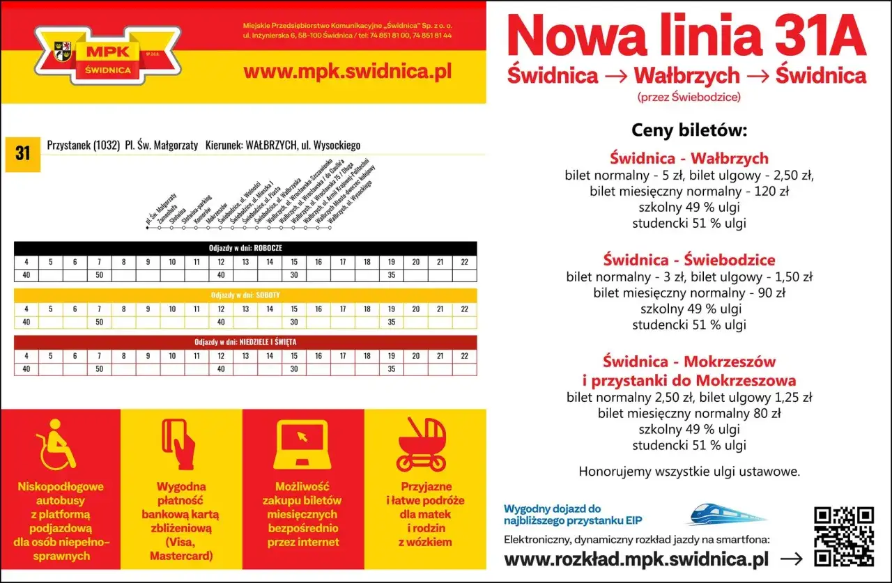Rozkład jazdy i cennik linii 31A Wałbrzych - Świdnica. Bilety od 1,50 zł.