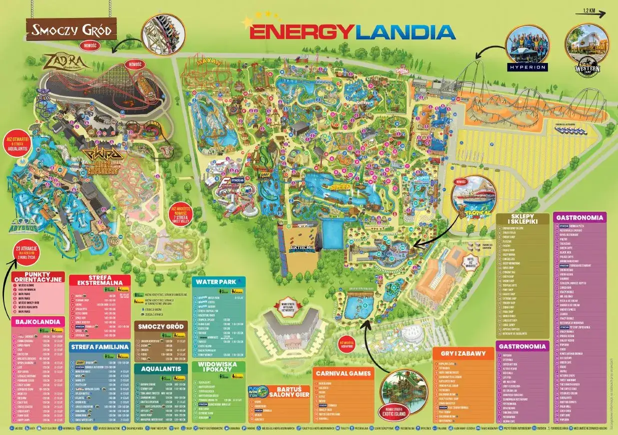 Mapa Energylandia Kraków: Smoczy Gród, Bajkolandia, Strefa Ekstremalna, Water Park, Hyperion, Mayan.
