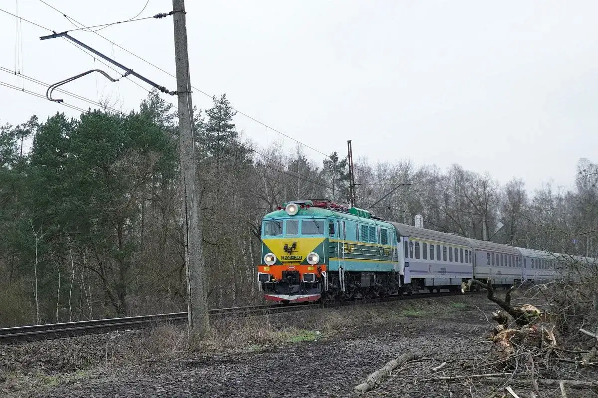 Pociąg Szczecin - Świnoujście, sprawdzam pociąg szczecin - świnoujście cena. Lokomotywa EP07-361 z wagonami jedzie przez las.
