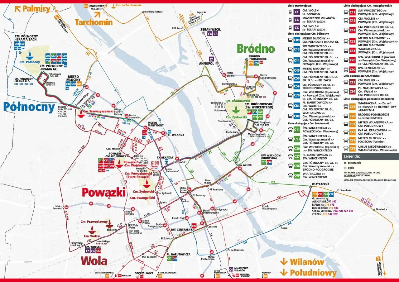 Mapa komunikacji miejskiej w Warszawie. Dojazd do Cmentarza Rakowickiego liniami tramwajowymi i autobusowymi.