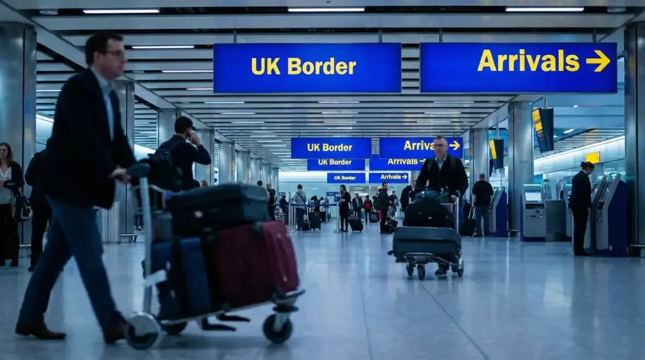 Podróżni z bagażami na lotnisku, kierujący się do UK Border. Zastanawiają się, ile alkoholu do UK mogą przywieźć.