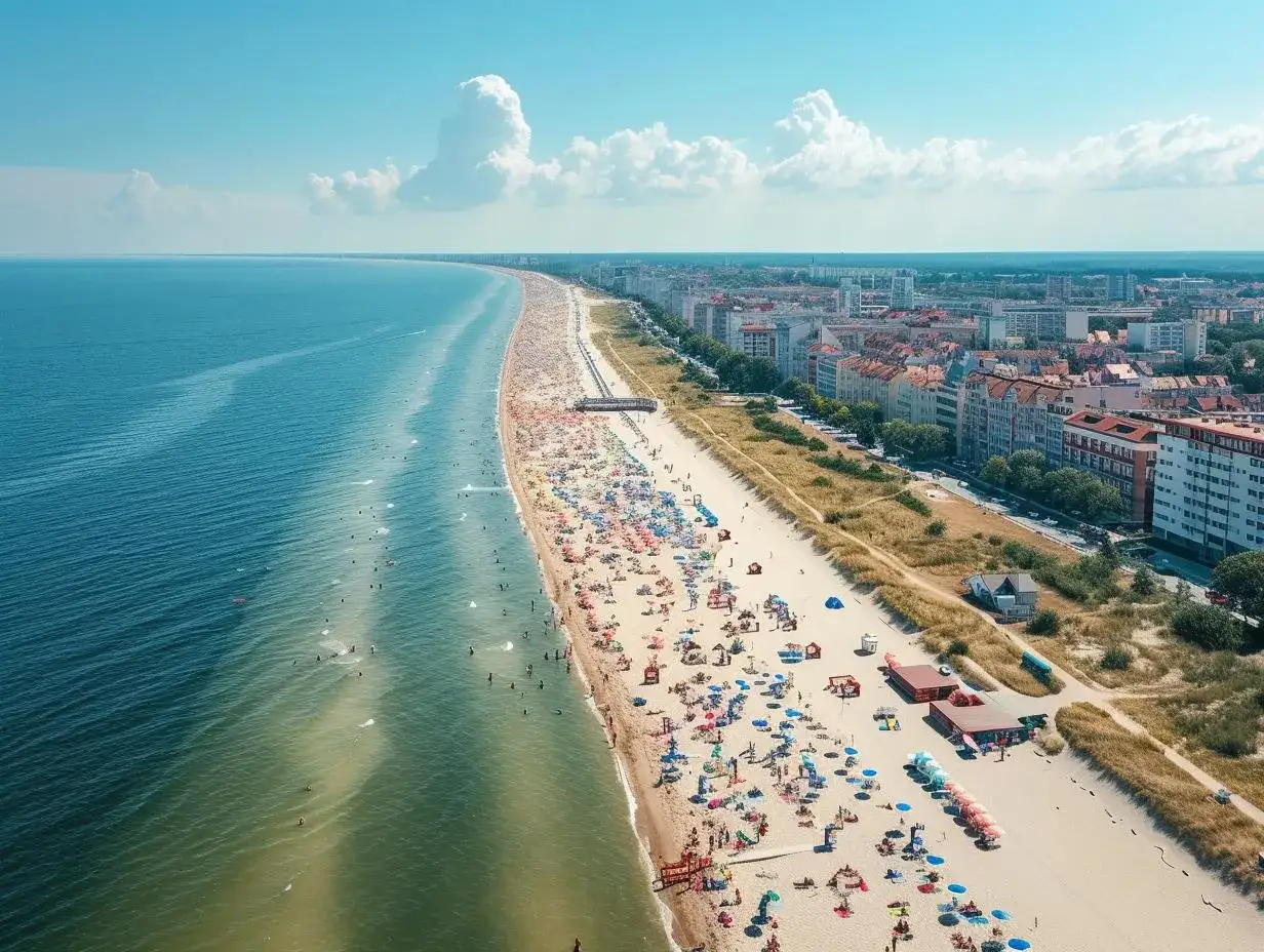Słoneczna plaża stogi pełna ludzi, z widokiem na miasto i morze. Łatwy dojazd do tego rajskiego zakątka.