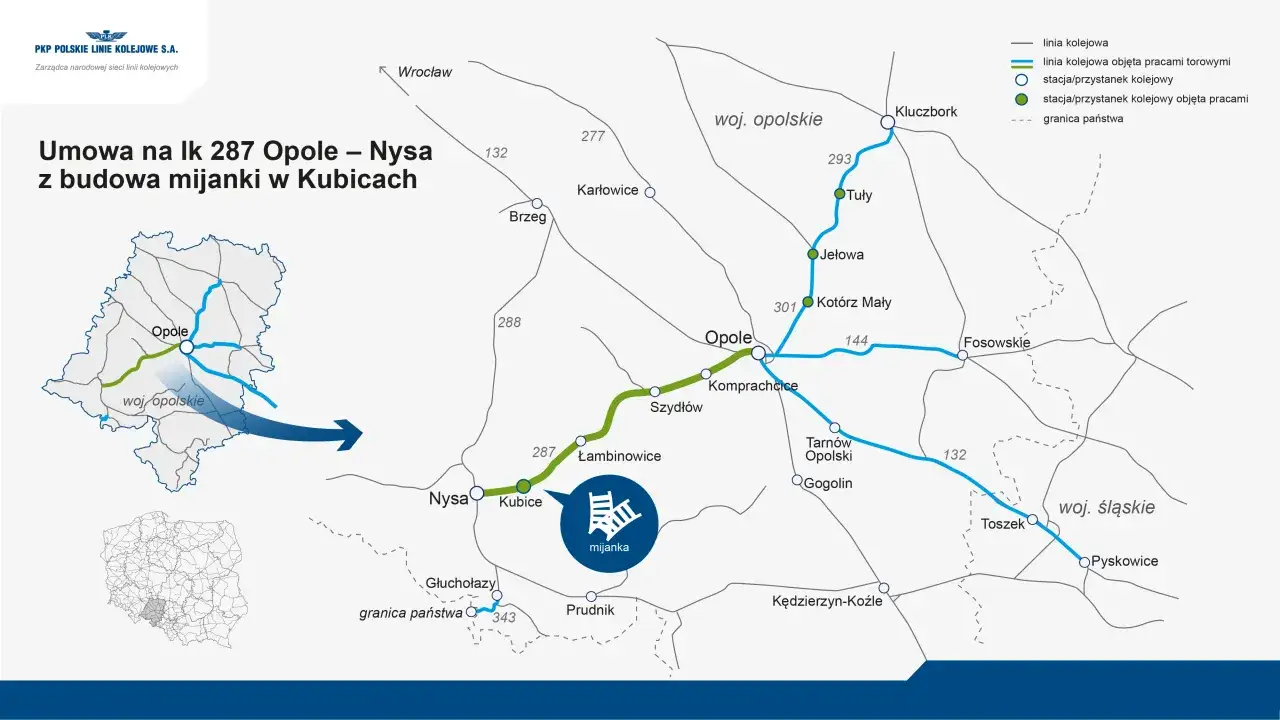 Mapa kolejowa przedstawia trasę Opole-Nysa, z zaznaczoną budową mijanki w Kubicach.