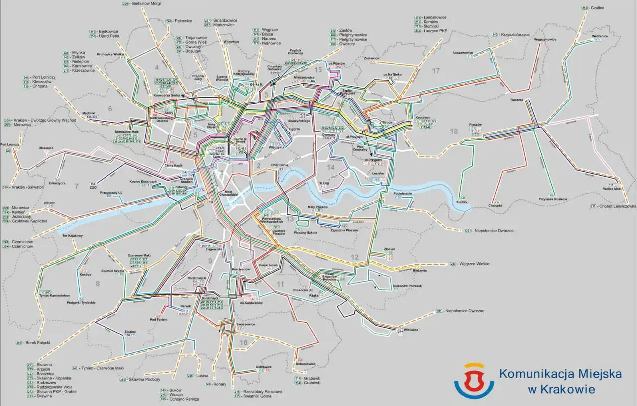 Jak dojechać z dworca w Krakowie do Prokocimia? Mapa pokazuje linie tramwajowe i autobusowe, które łączą różne części miasta.