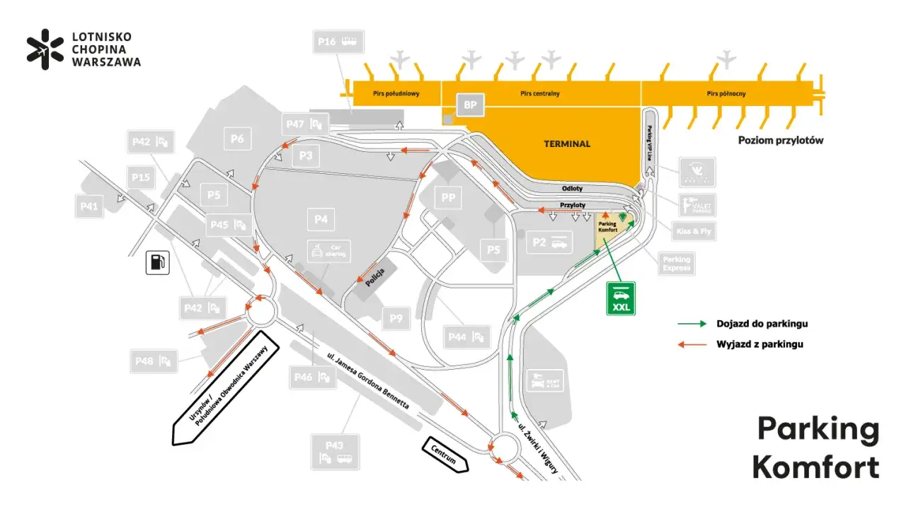 Mapa Lotniska Chopina Warszawa. Pokazuje dojazd do parkingu Komfort, zlokalizowanego blisko terminala.