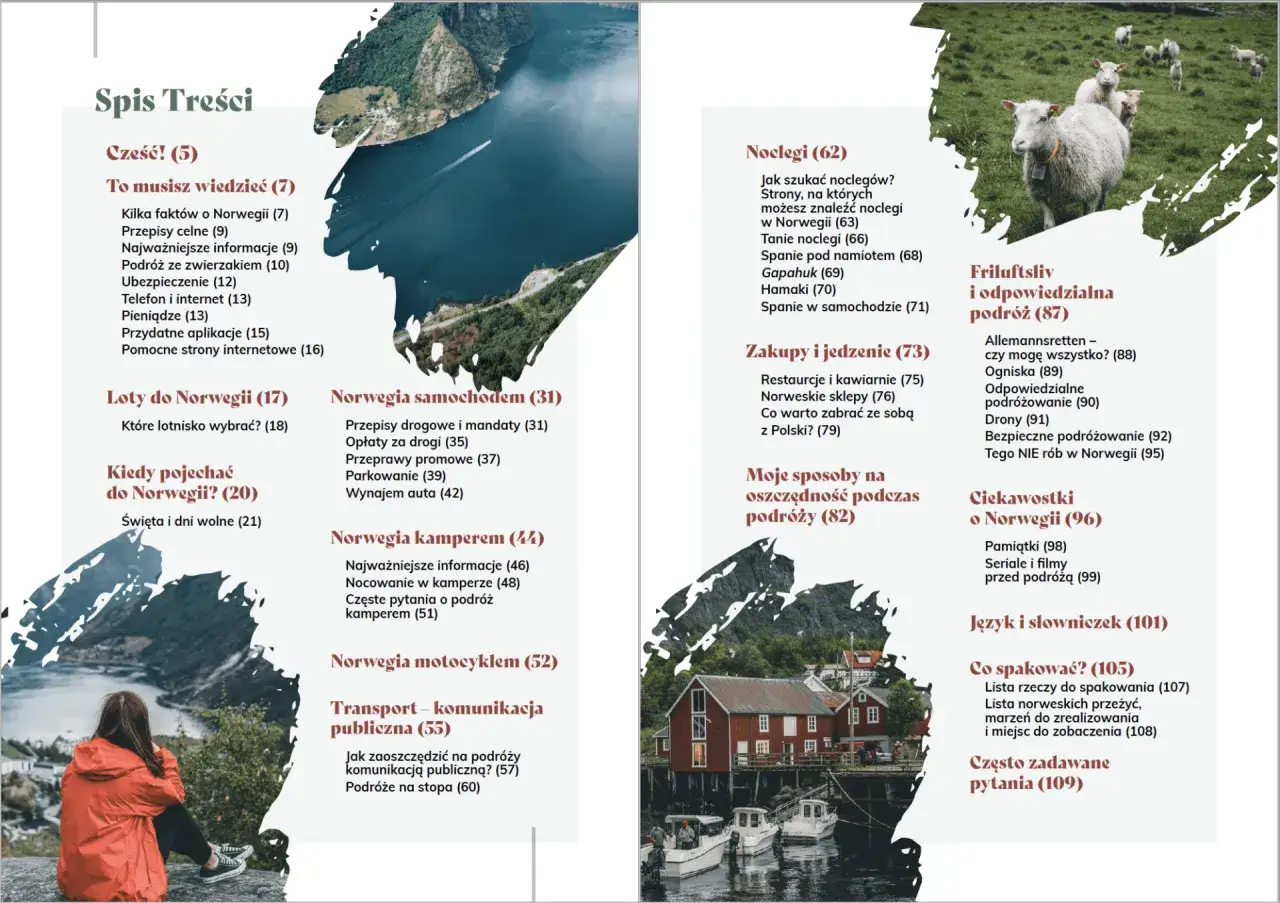 Spis treści przewodnika po Norwegii, kraju, który nie jest w UE. Znajdziesz tu informacje o noclegach, zakupach, transporcie i ciekawostkach.
