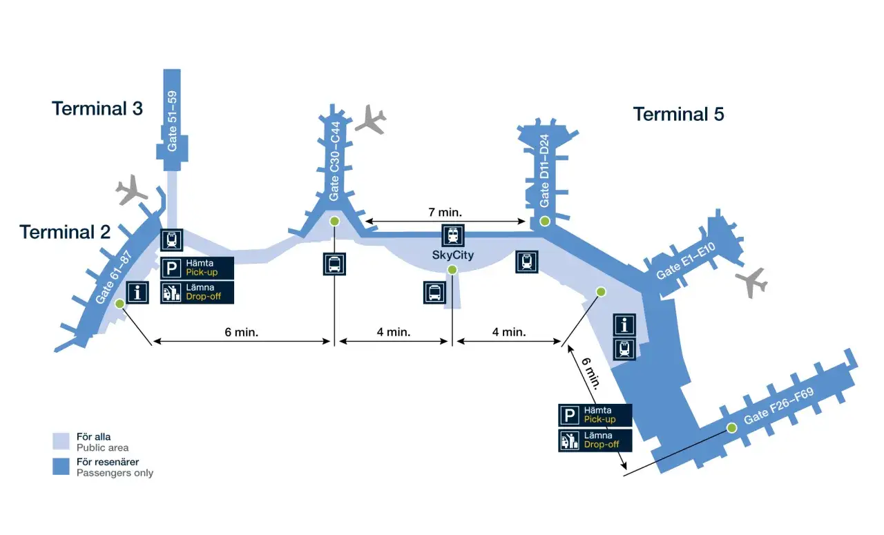 Schemat lotniska sztokholm arn: Terminal 2, 3 i 5 z bramkami, SkyCity, parkingami i informacją.