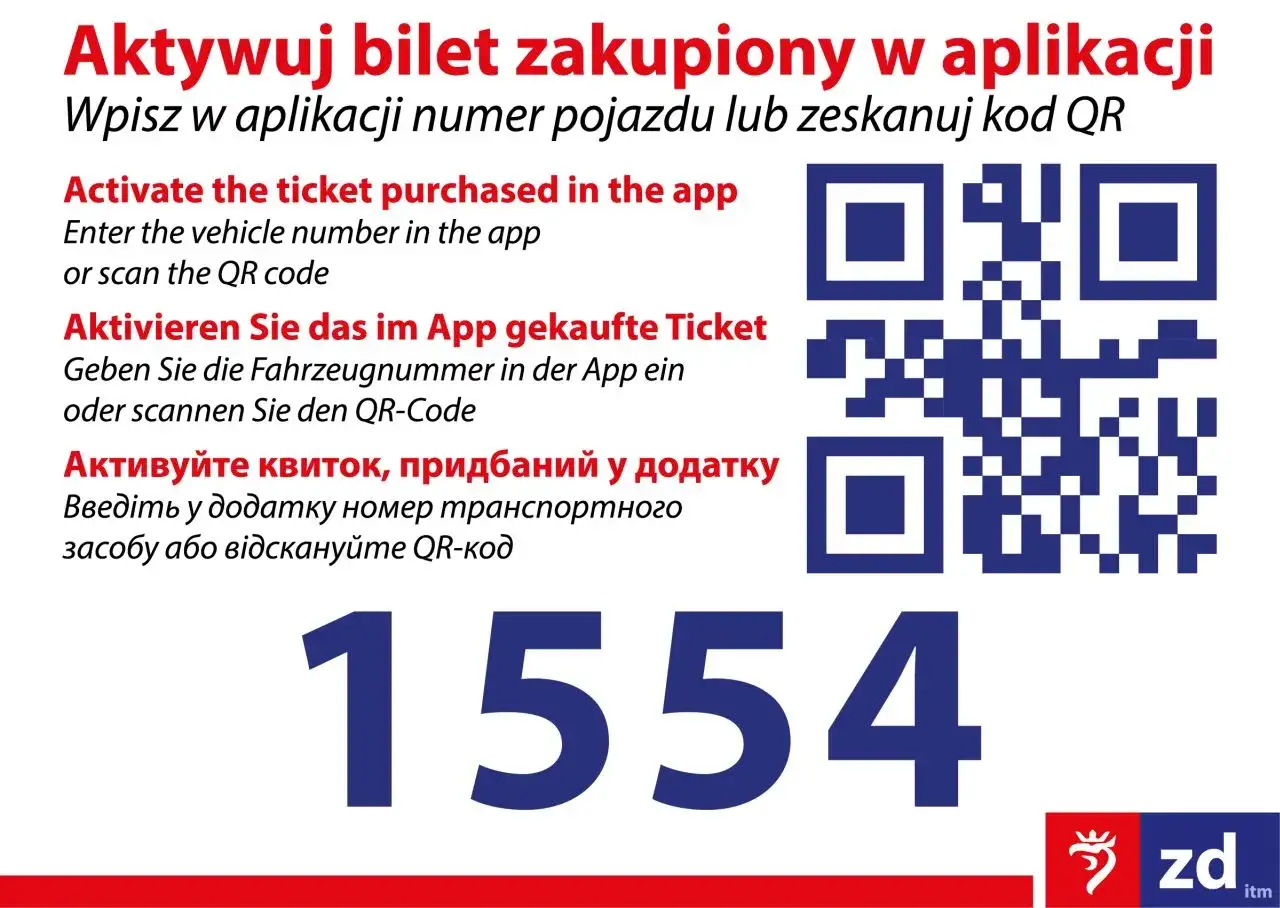 Instrukcja jak kupić bilet online: wpisz numer pojazdu lub zeskanuj kod QR. Widoczny numer 1554.