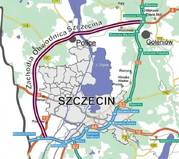 Mapa Szczecina z Odrą i Zalewem Szczecińskim