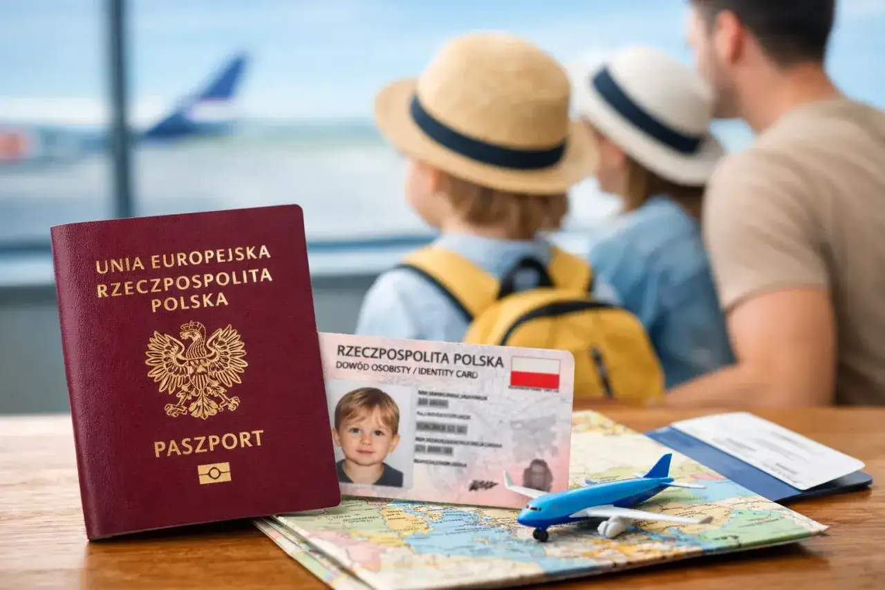 Paszport i dowód osobisty dziecka na tle rodziny czekającej na samolot. Czy do Norwegii potrzebny jest paszport? Sprawdźmy!