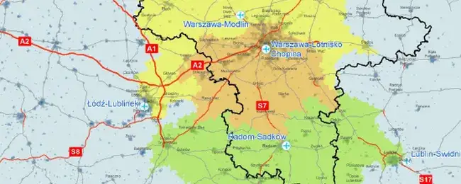 Mapa lotnisk w okolicach Warszawy (Chopin, Modlin, Radom)