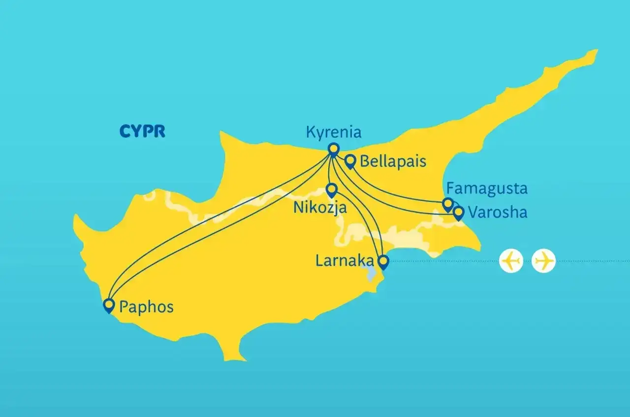Mapa Cypru z zaznaczonymi miastami i trasami lotniczymi. Widać lotniska w Paphos, Larnace, Nikozji, Kyrenii, Bellapais, Famaguście i Varoszy.