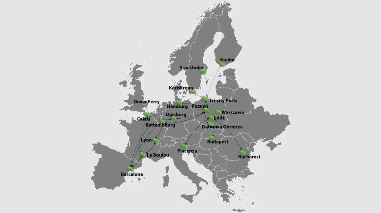Mapa Europy z zaznaczonymi trasami. Pokazuje, ile się jedzie autokarem do Hiszpanii, np. z Polski do Barcelony.