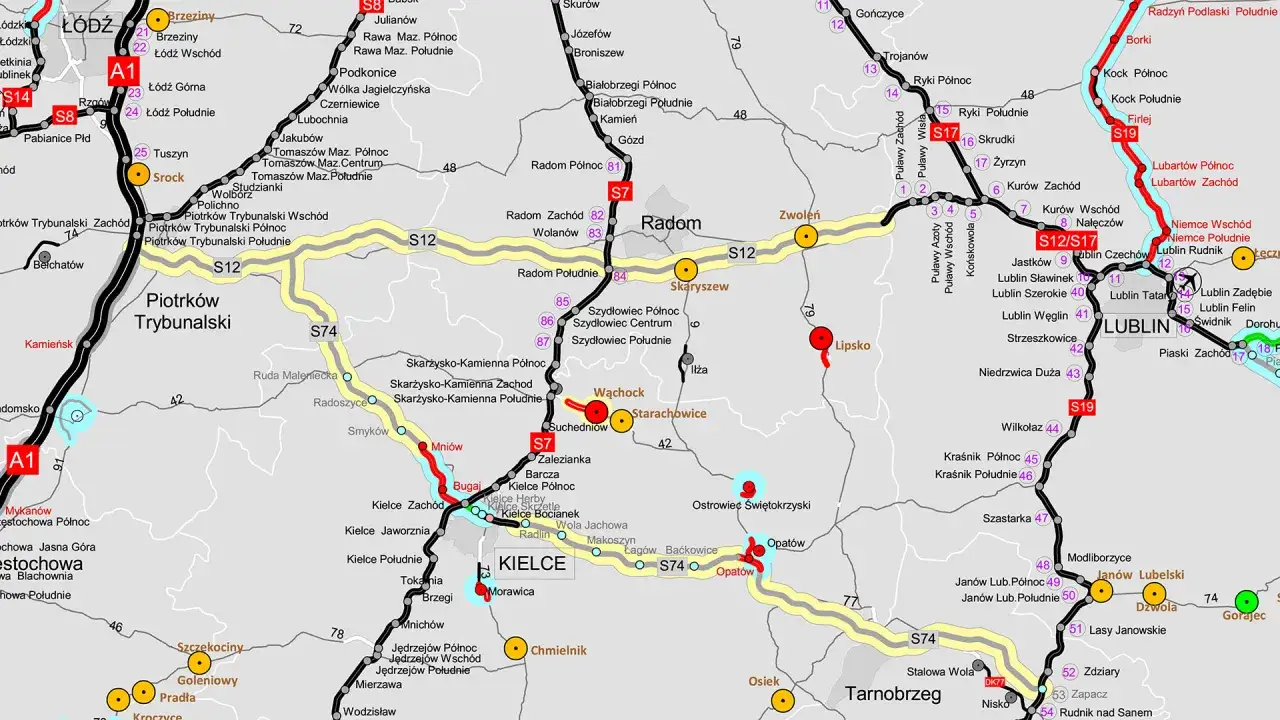Mapa drogowa Polski z zaznaczonymi trasami S7 i S12, łączącymi Kielce z Sandomierzem i innymi miastami.