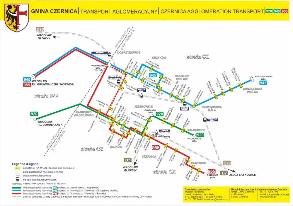 Mapa trasy autobusu 945 Wrocław Czernica