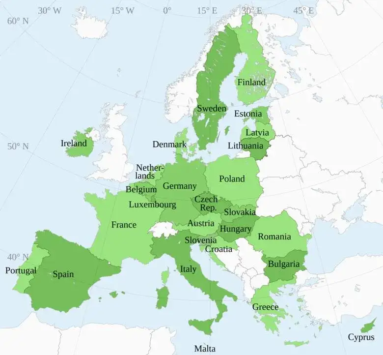 mapa Unii Europejskiej, granice UE, podr&oacute;żowanie po UE