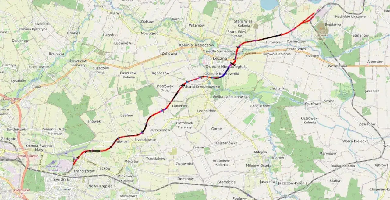 Mapa trasy Lublin Łęczna przystanki Łęcz Trans