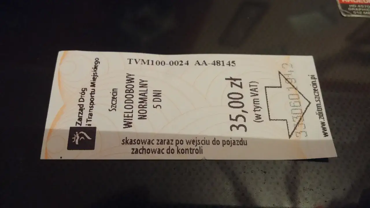 Bilet dobowy Szczecin na 5 dni, wielodobowy normalny, kosztuje 35 zł.