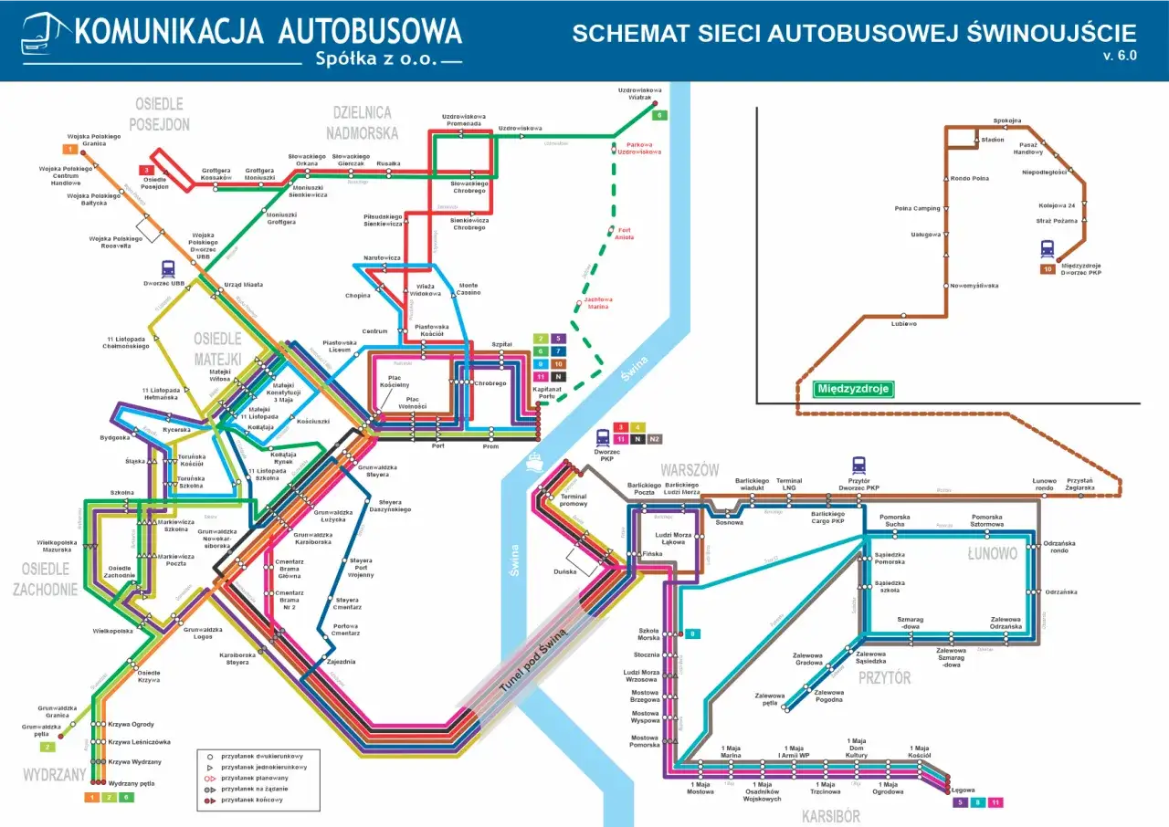 Mapa komunikacji autobusowej Świnoujścia, pomocna jak aplikacja jak dojadę, pokazuje trasy autobusów i przystanki.