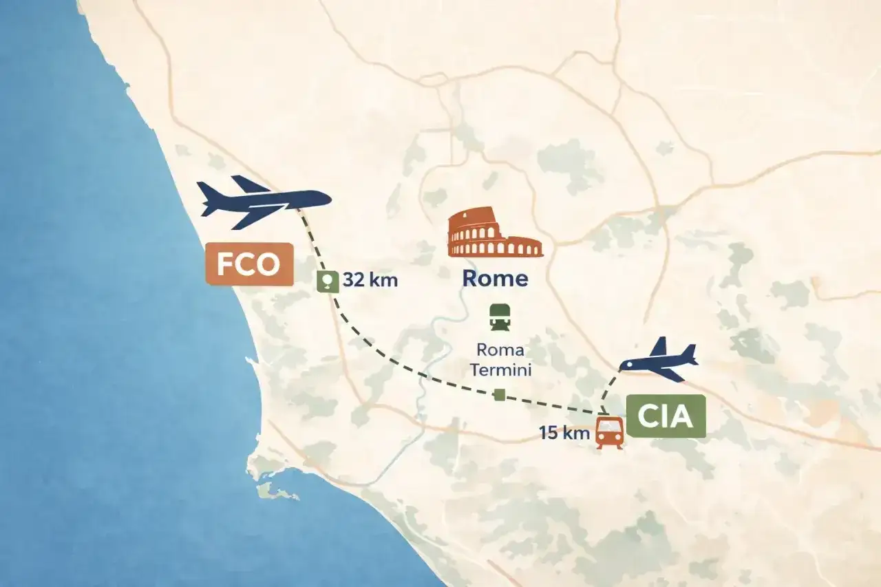 Mapa pokazuje dwa lotniska Rzymu: FCO (32 km) i CIA (15 km), z zaznaczonymi trasami do centrum miasta i dworca Roma Termini.