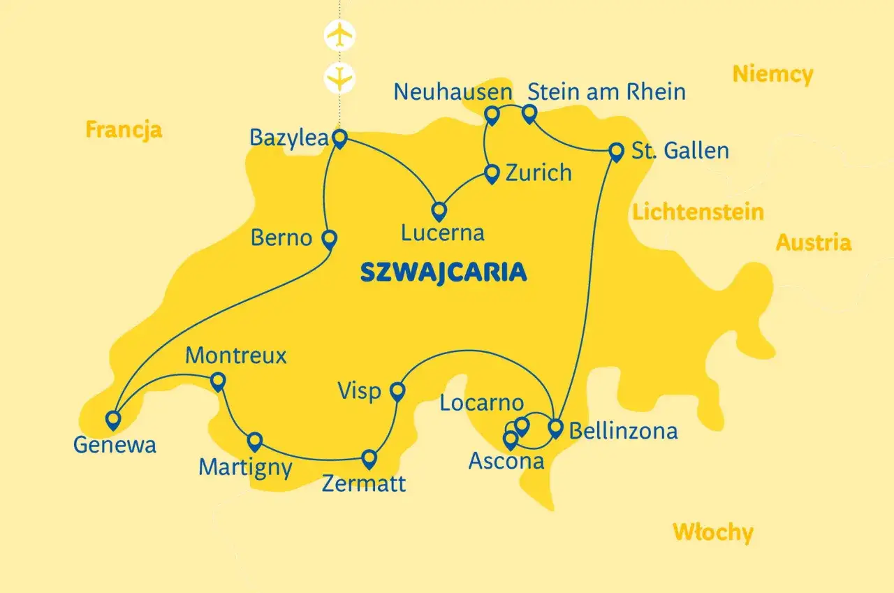 Mapa turystyczna Szwajcarii z zaznaczonymi miastami i trasami. Widać lotniska w Bazylei i Genewie, a także sąsiednie kraje: Francję, Niemcy, Austrię i Włochy.